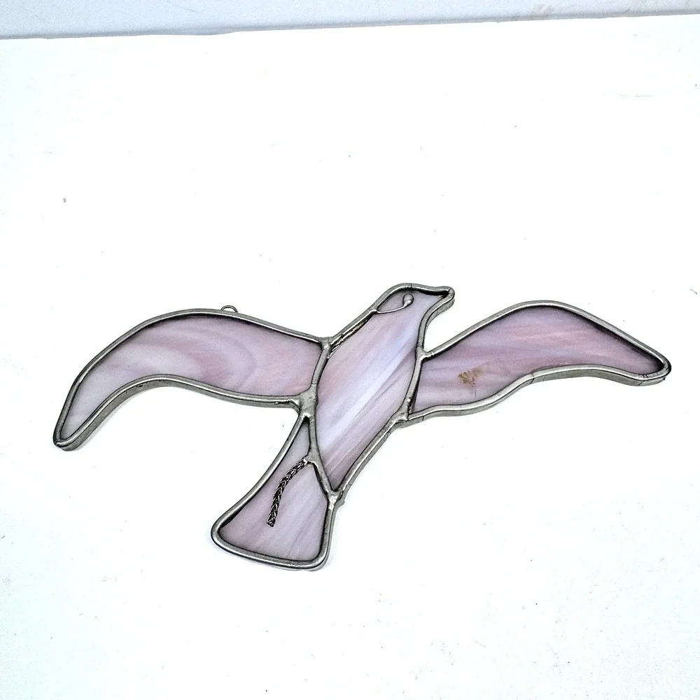 Vintage Stained-Glass Bird Seagull Suncatcher Purple Lavender Hanging Window